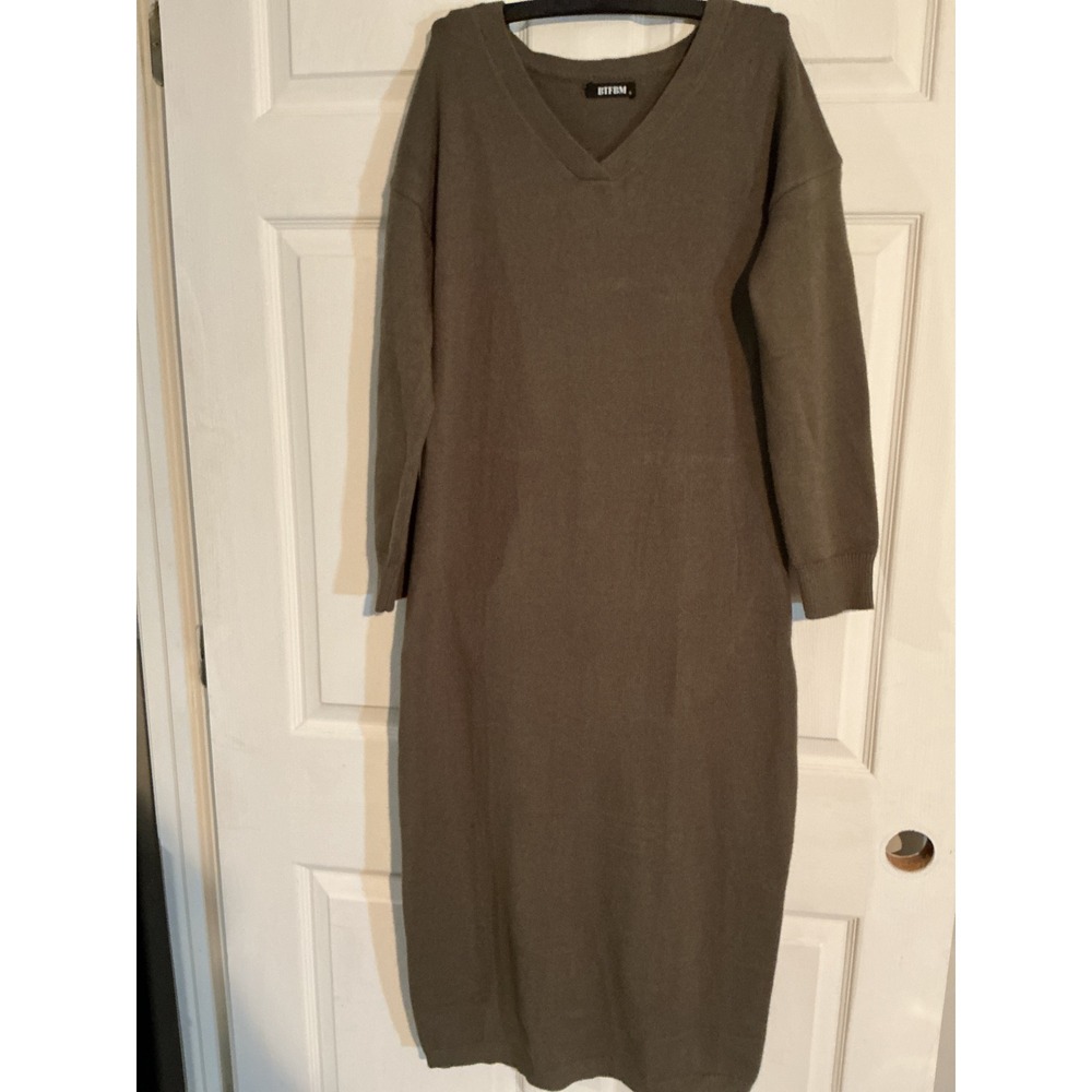 BTFBM Olive Brown V-Neck Long Sleeve Knit Sweater Dress Midi Maxi Small‎ NEW